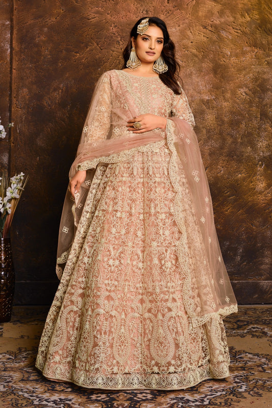 Captivating Peach Net Floor Length Suit Set