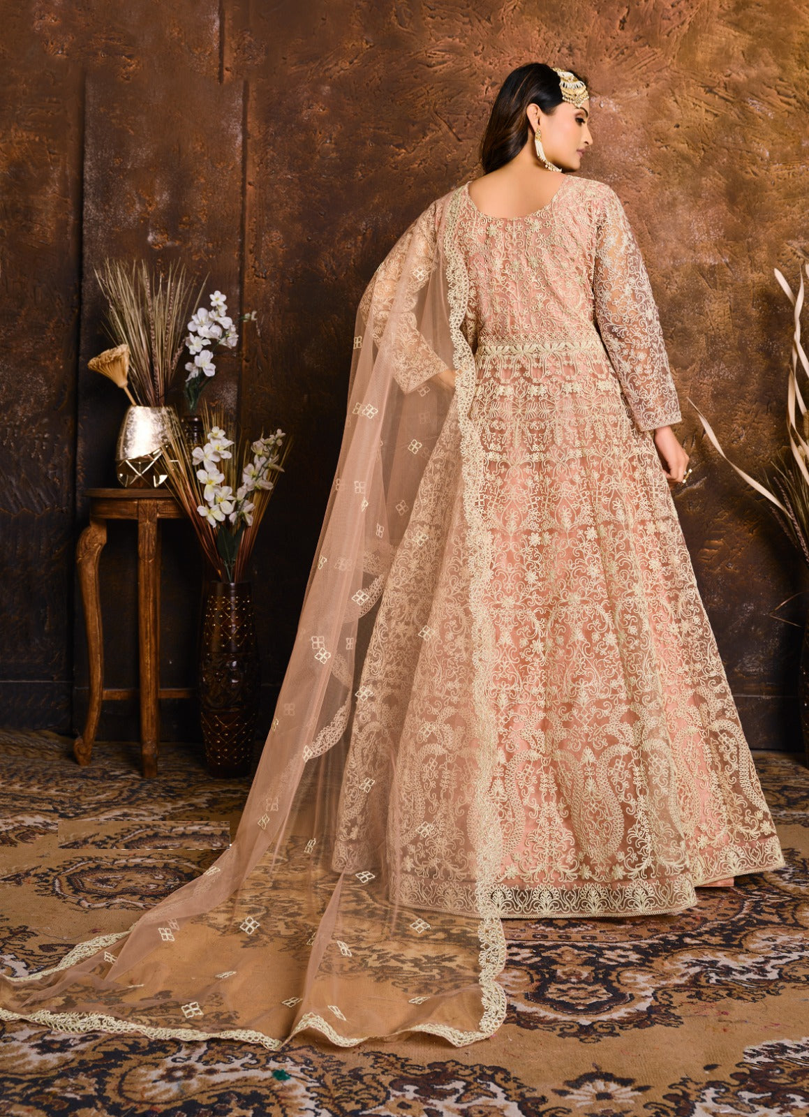 Captivating Peach Net Floor Length Suit Set