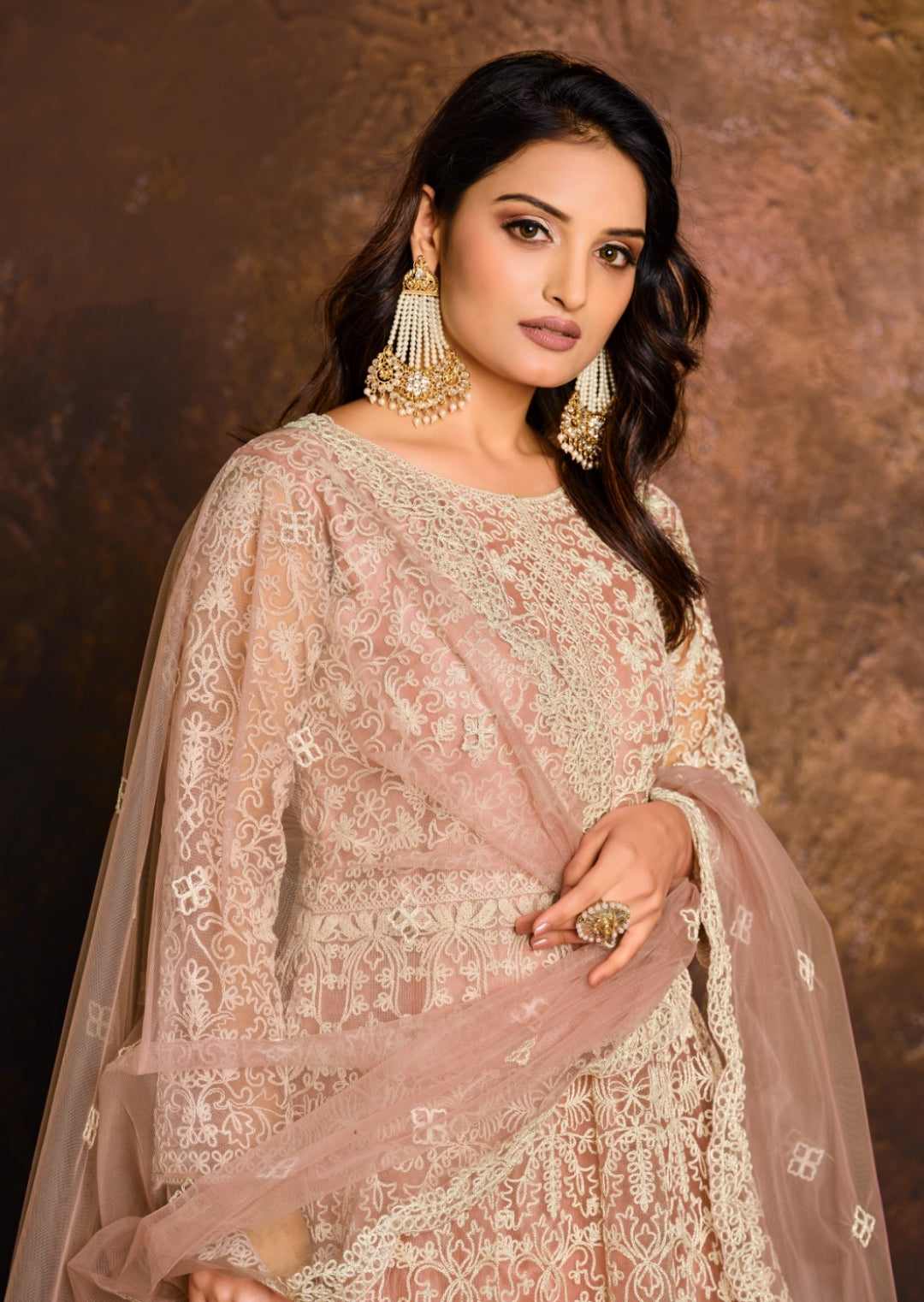 Captivating Peach Net Floor Length Suit Set