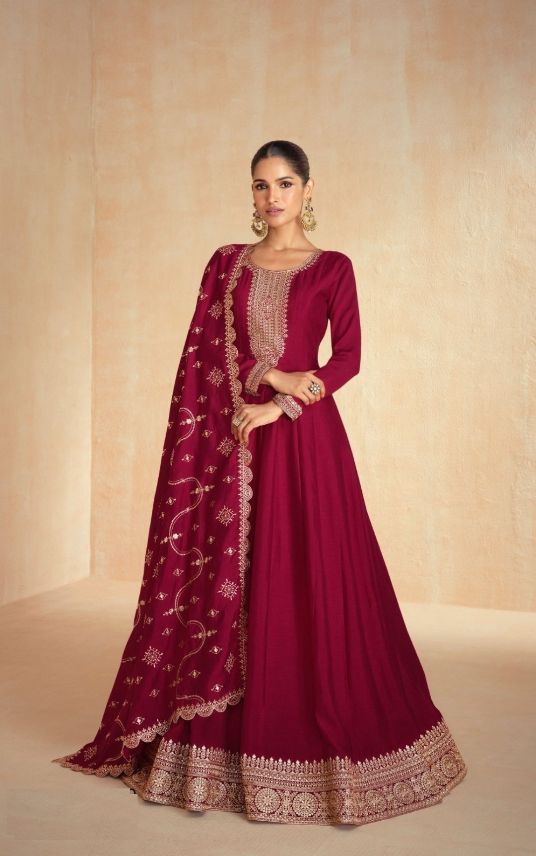 Women Burgundy Silk Gown With Dupatta