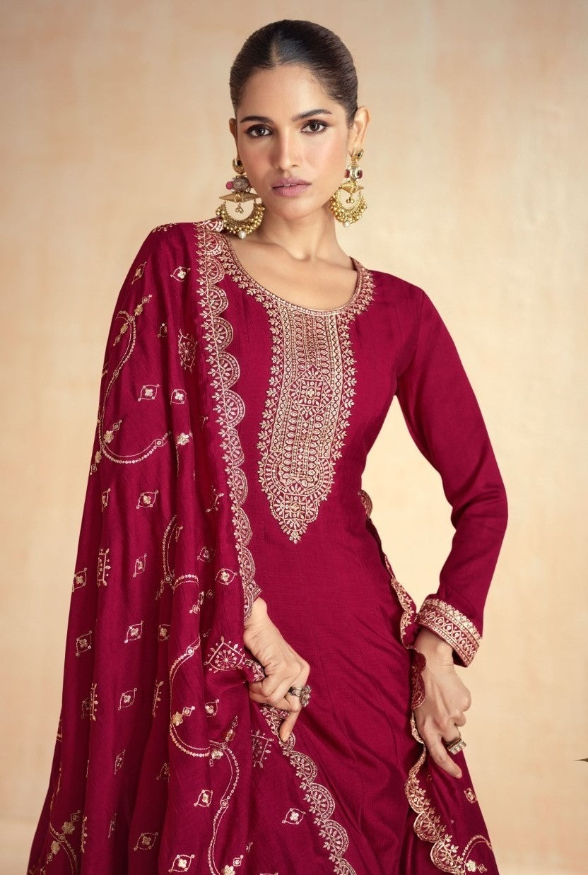 Women Burgundy Silk Gown With Dupatta