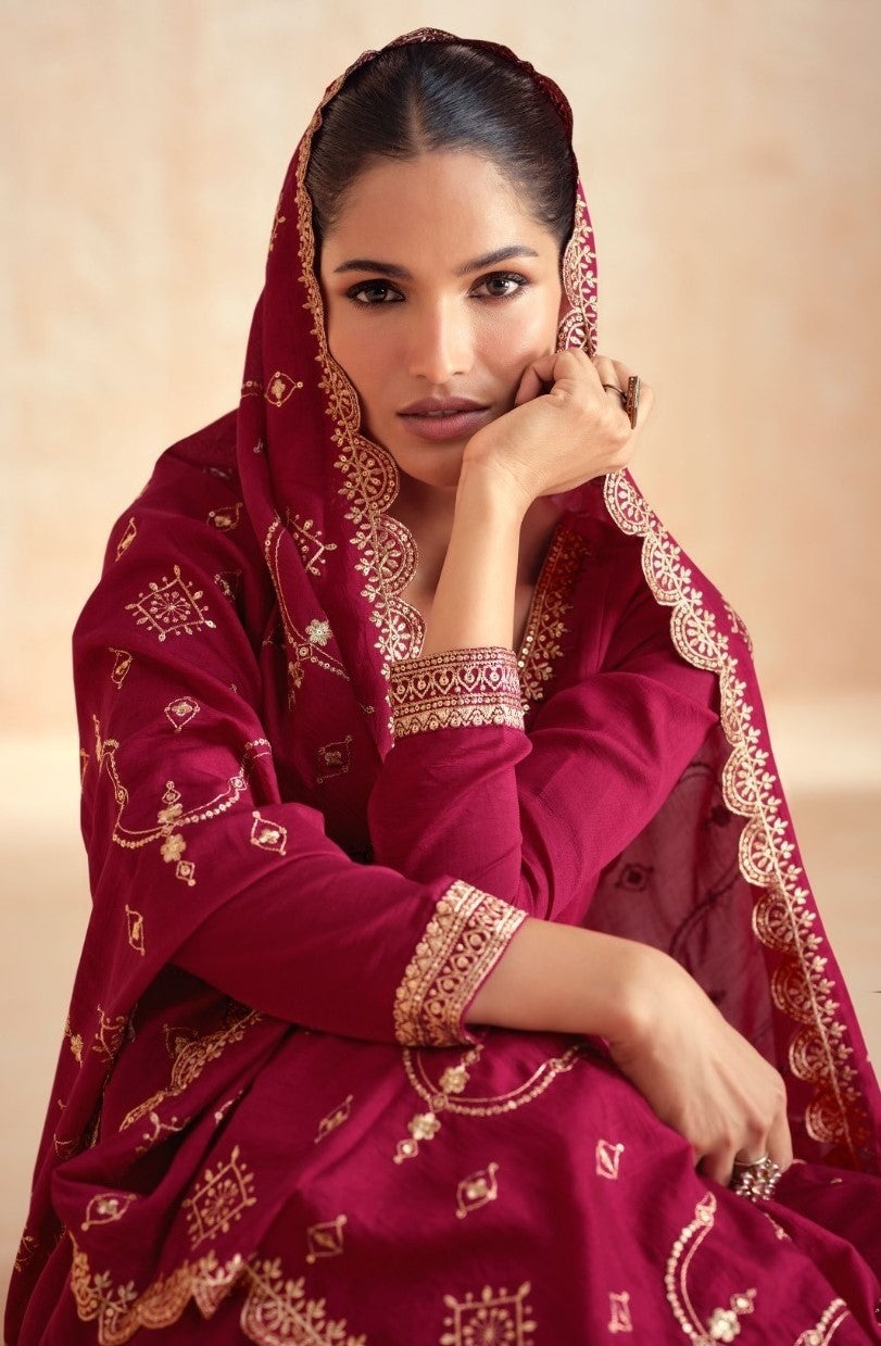 Women Burgundy Silk Gown With Dupatta