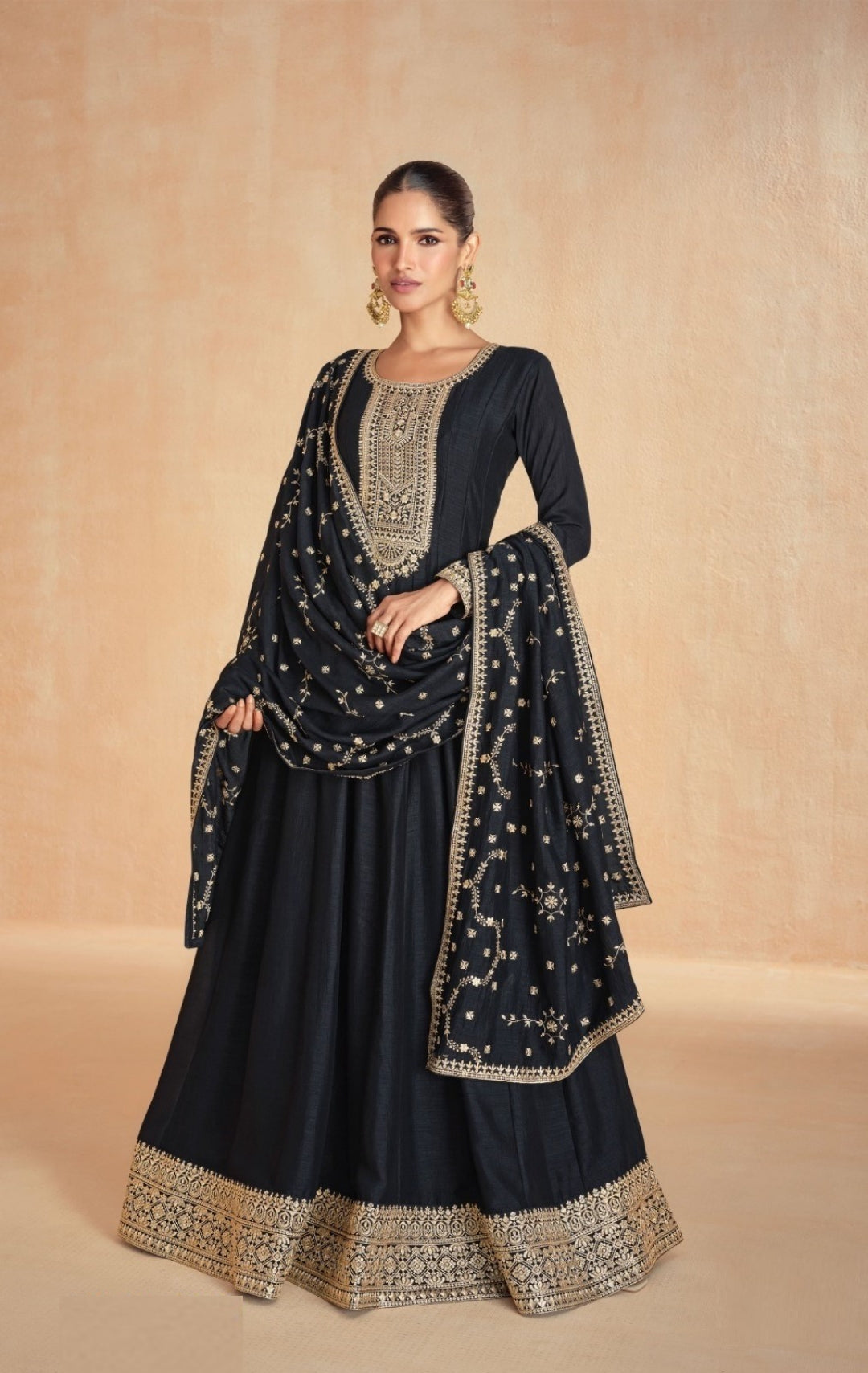 Women Black Silk Gown With Dupatta
