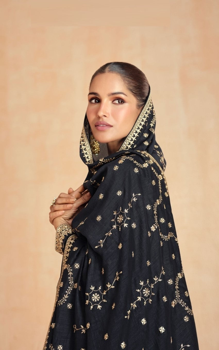 Women Black Silk Gown With Dupatta