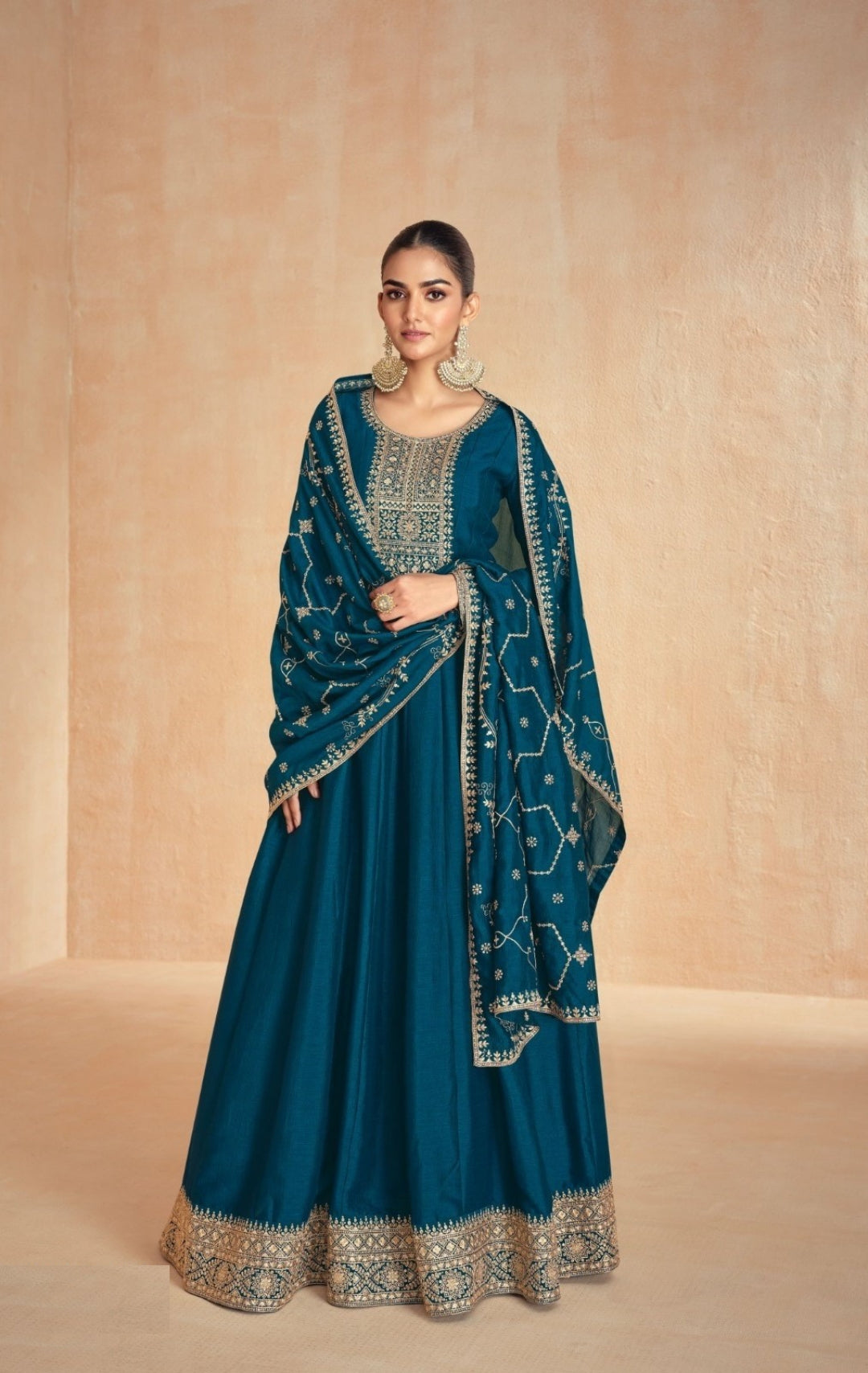 Women Teal Silk Gown With Dupatta
