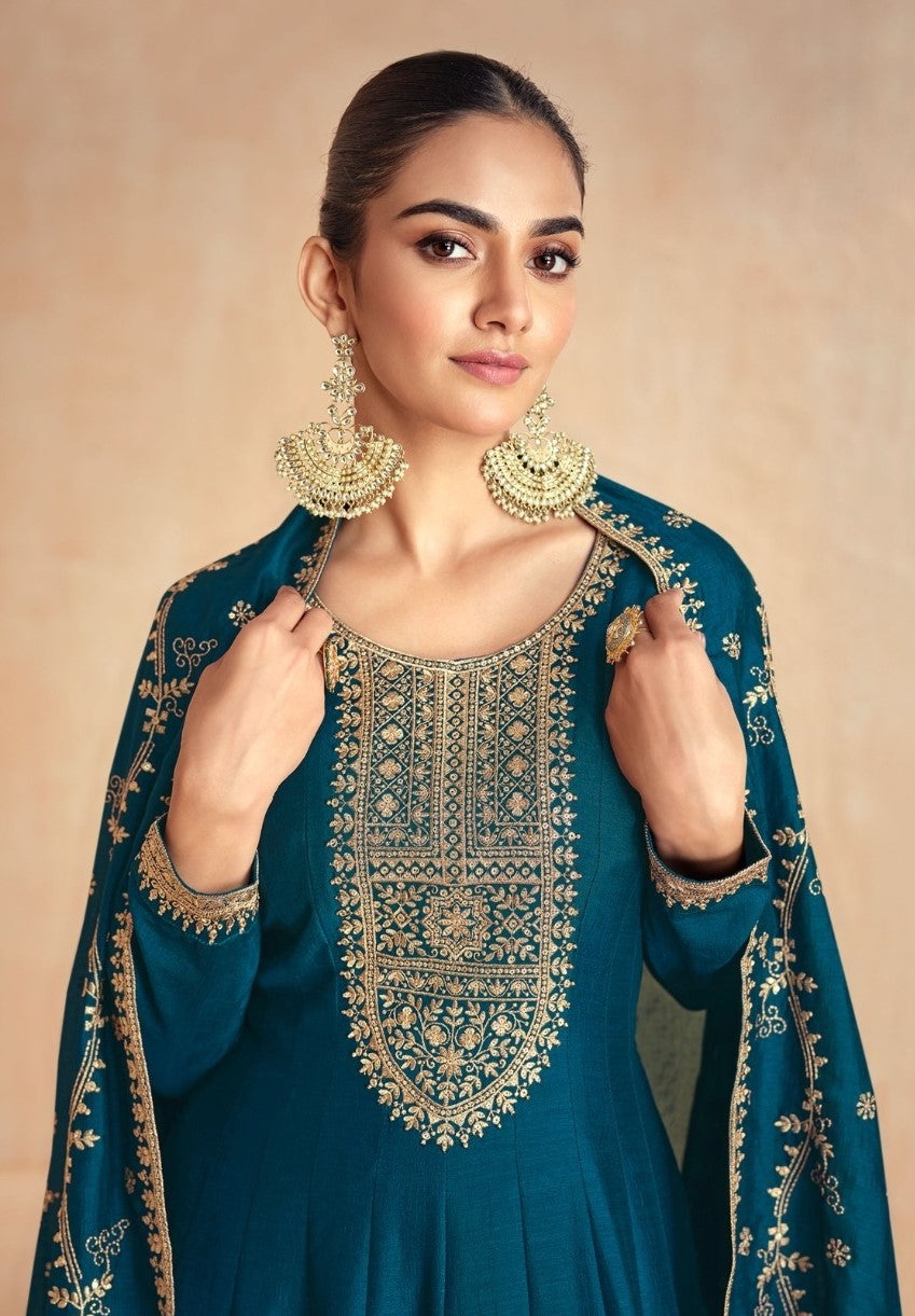 Women Teal Silk Gown With Dupatta