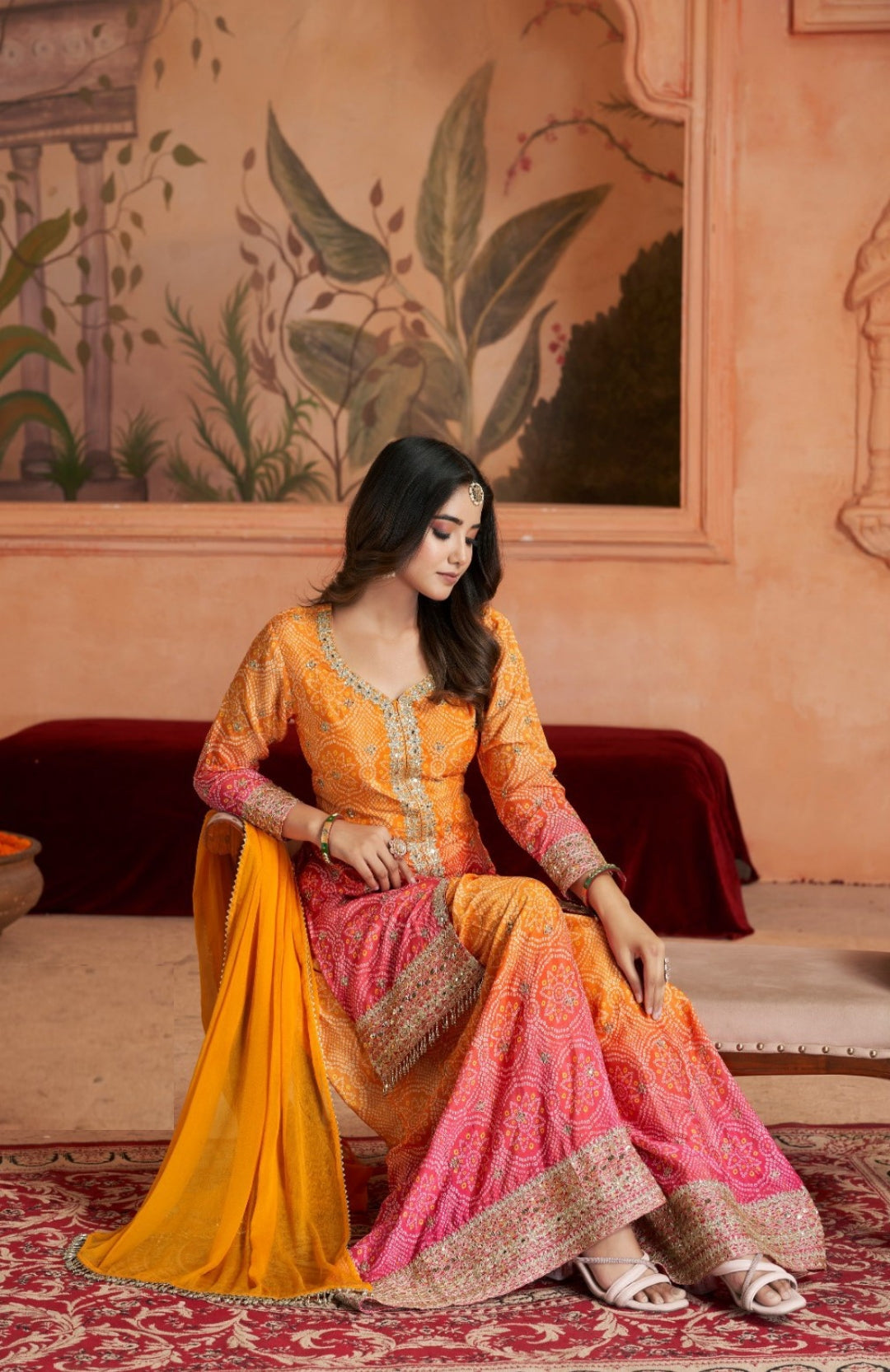 Gorgeous Pink And Orange Chinon Palazzo Suit Set