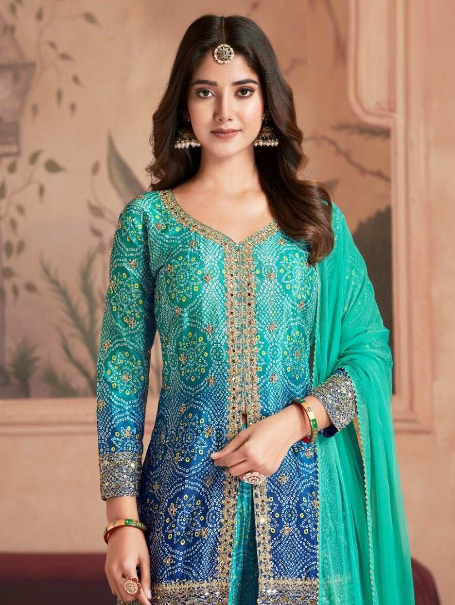 Fantastic Teal And Blue Chinon Palazzo Suit Set