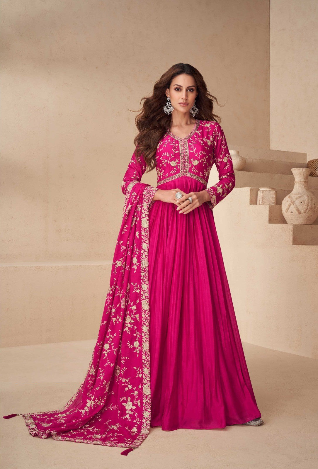 Women Pink Chinon Silk Gown With Dupatta