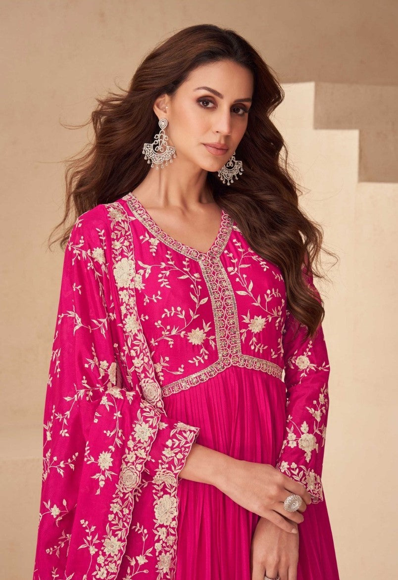Women Pink Chinon Silk Gown With Dupatta