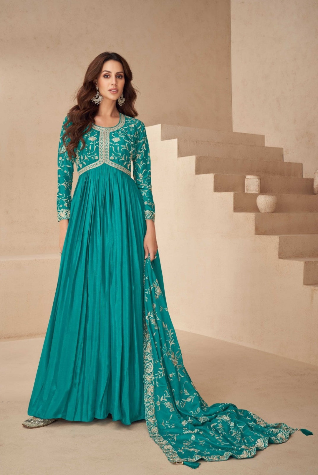 Women Teal Chinon Silk Gown With Dupatta