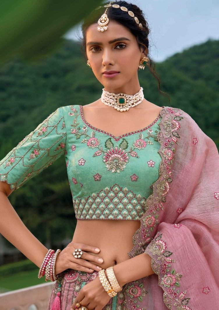 Magnificent Pink And Sea Green Silk Bridal Lehenga With Embroidery Work