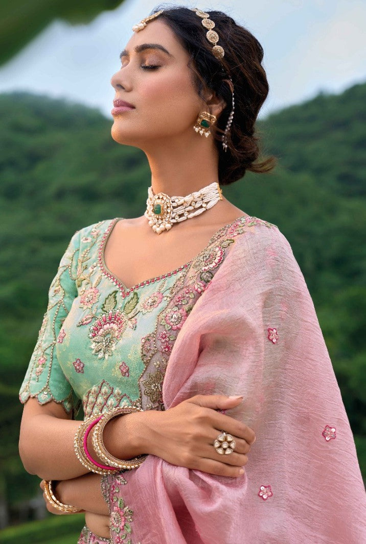 Magnificent Pink And Sea Green Silk Bridal Lehenga With Embroidery Work