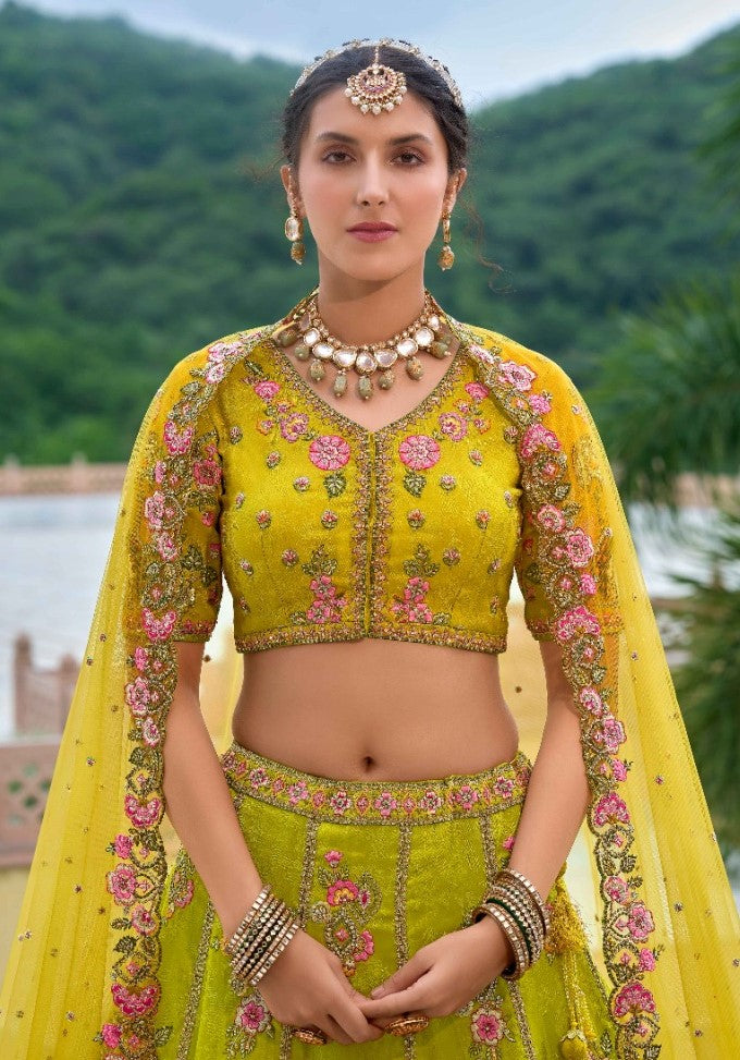 Pretty Yellow Silk Bridal Lehenga With Embroidery Work