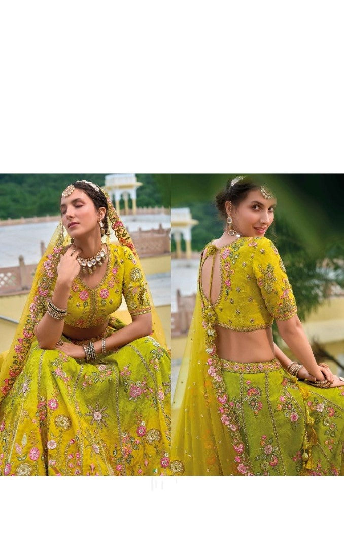 Pretty Yellow Silk Bridal Lehenga With Embroidery Work
