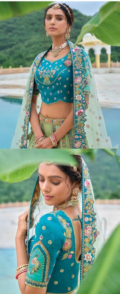 Captivating Sea Green And Teal Silk Bridal Lehenga With Embroidery Work