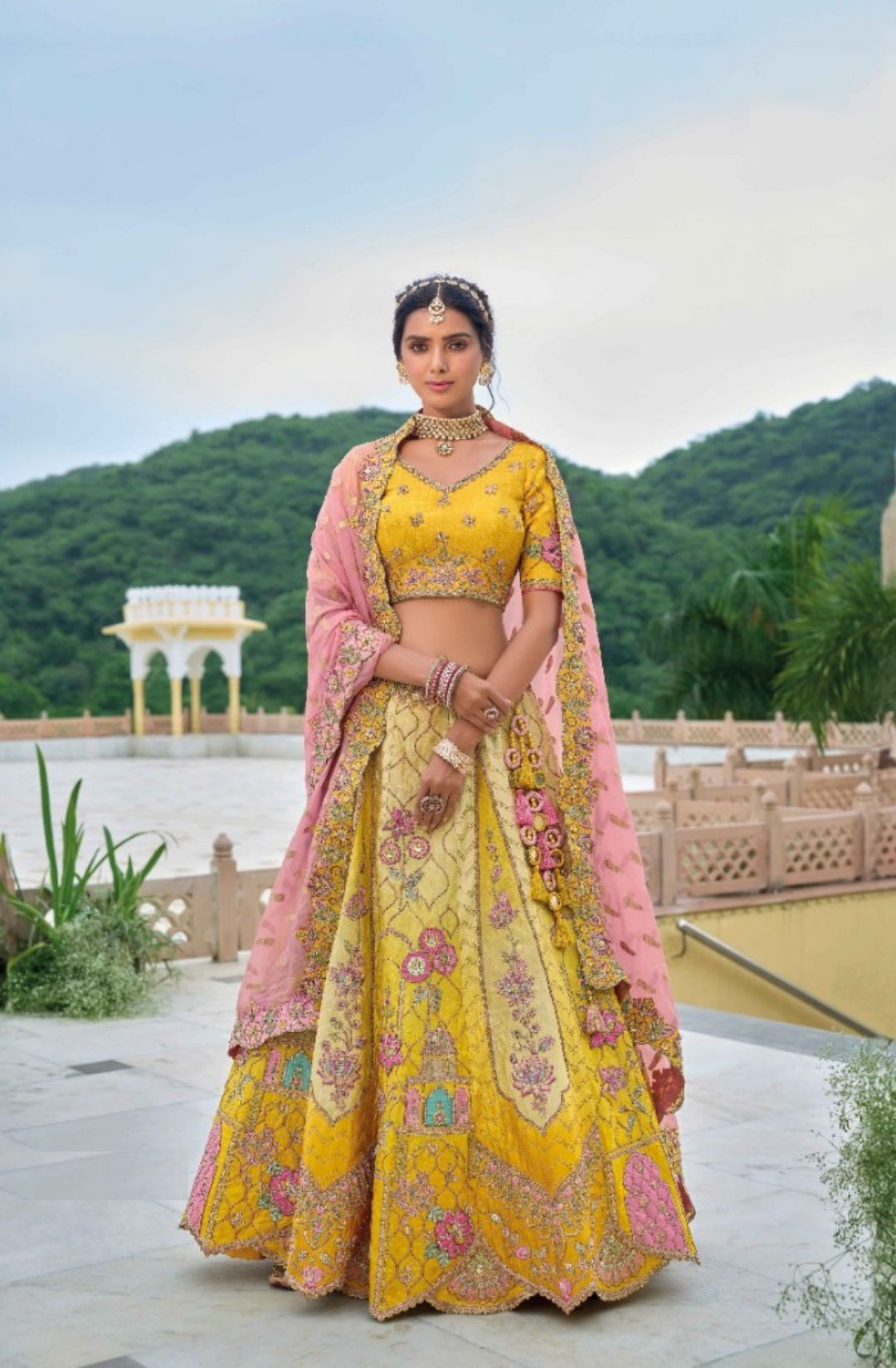 Gorgeous Yellow And Pink Silk Bridal Lehenga With Embroidery Work