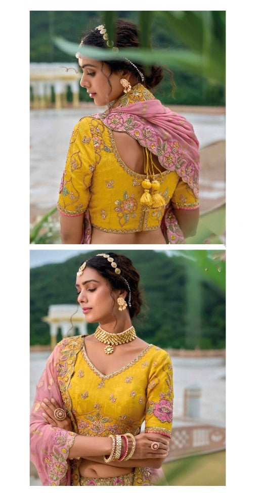 Gorgeous Yellow And Pink Silk Bridal Lehenga With Embroidery Work