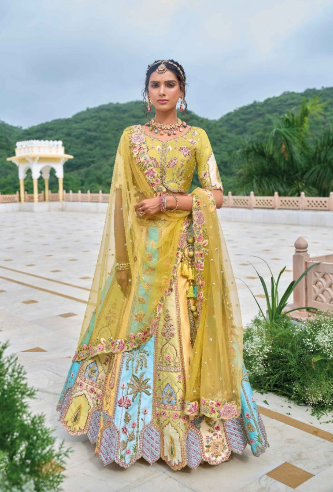 Fantastic Green Multi Silk Bridal Lehenga With Embroidery Work