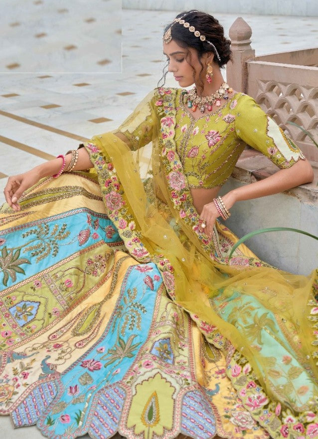 Fantastic Green Multi Silk Bridal Lehenga With Embroidery Work