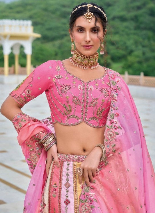 Beautiful Pink Multi Silk Bridal Lehenga With Embroidery Work