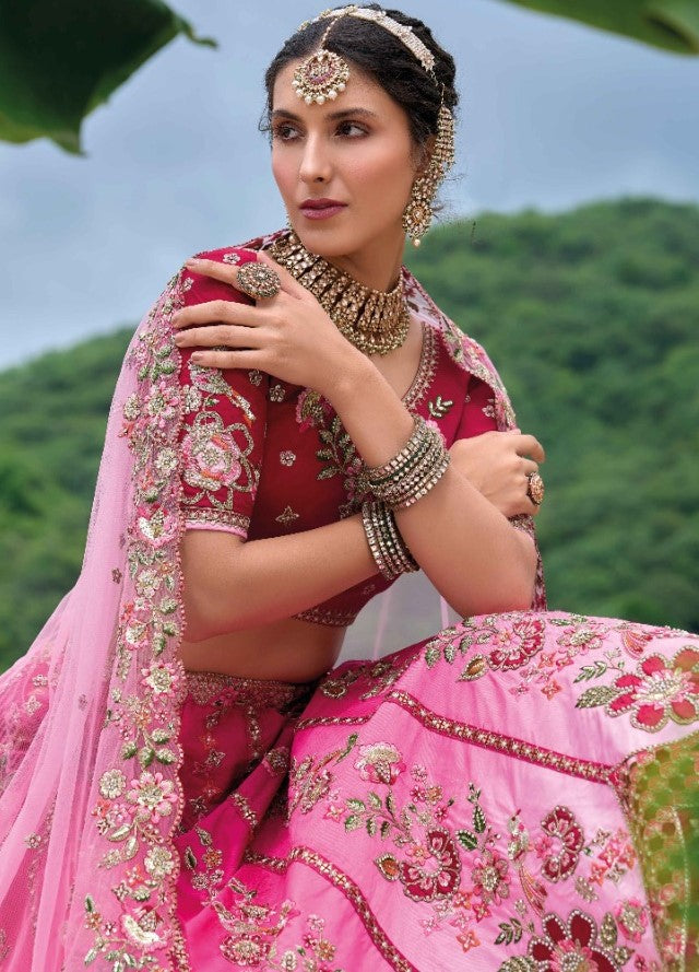 Amazing Pink And Maroon Silk Bridal Lehenga With Embroidery Work