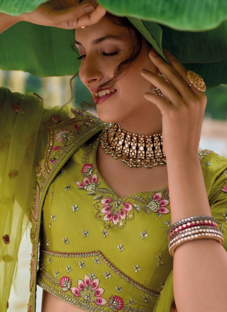 Lustrous Pista Green Silk Bridal Lehenga With Embroidery Work