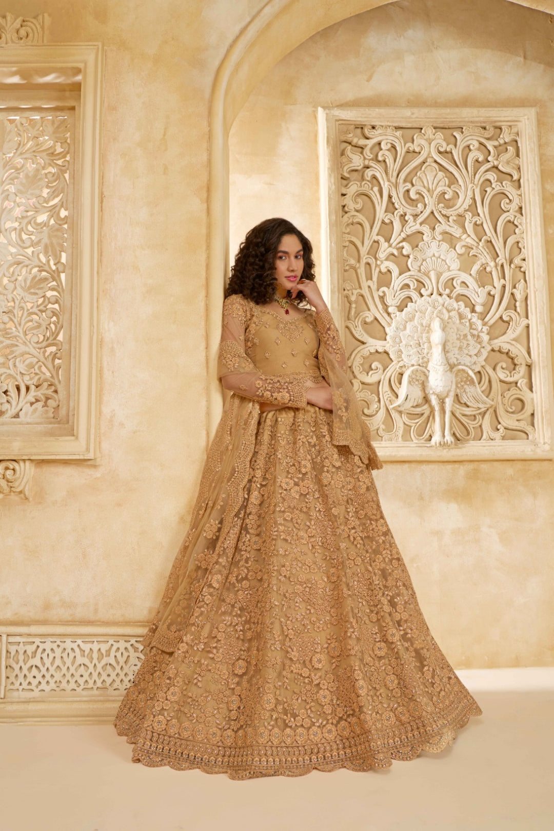 Elegant Beige Net With Embroidery Work Gliterring Lehenga