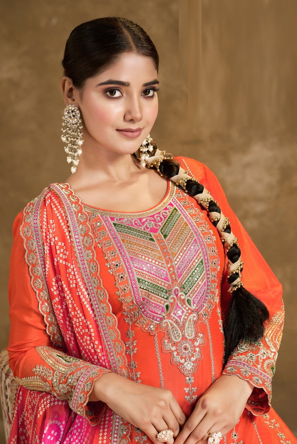 Classy Orange And Pink Premium Fiber Chinon Suit With Afghani Pant