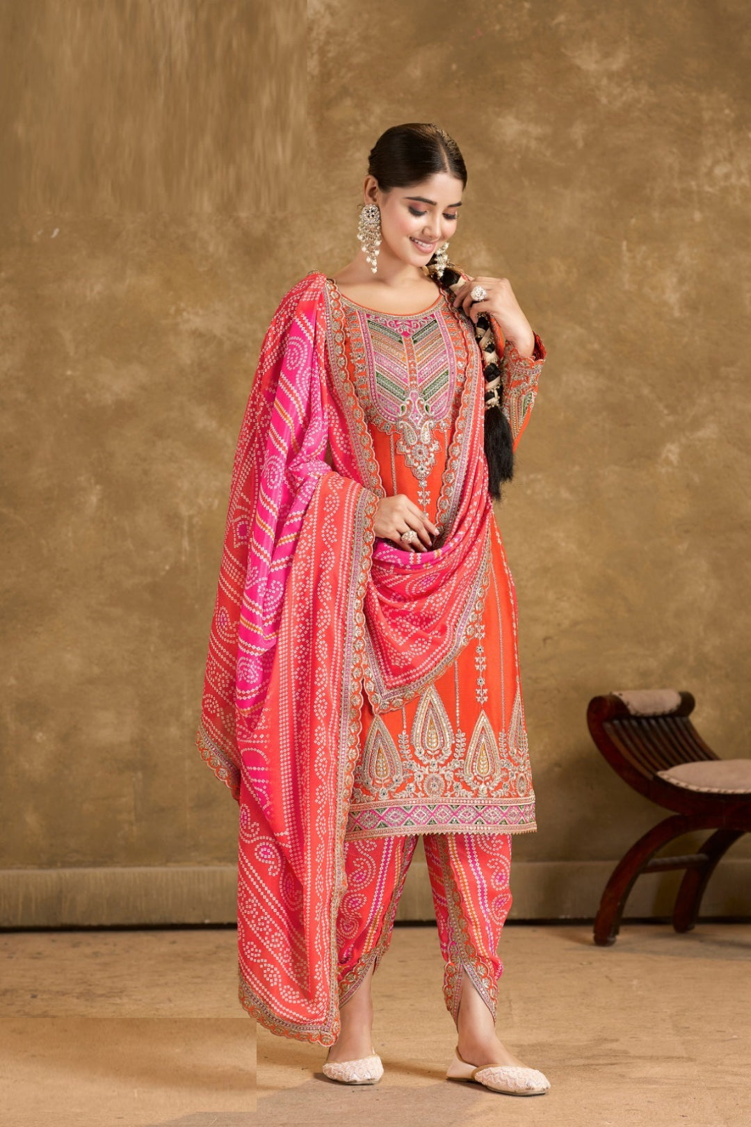 Classy Orange And Pink Premium Fiber Chinon Suit With Afghani Pant