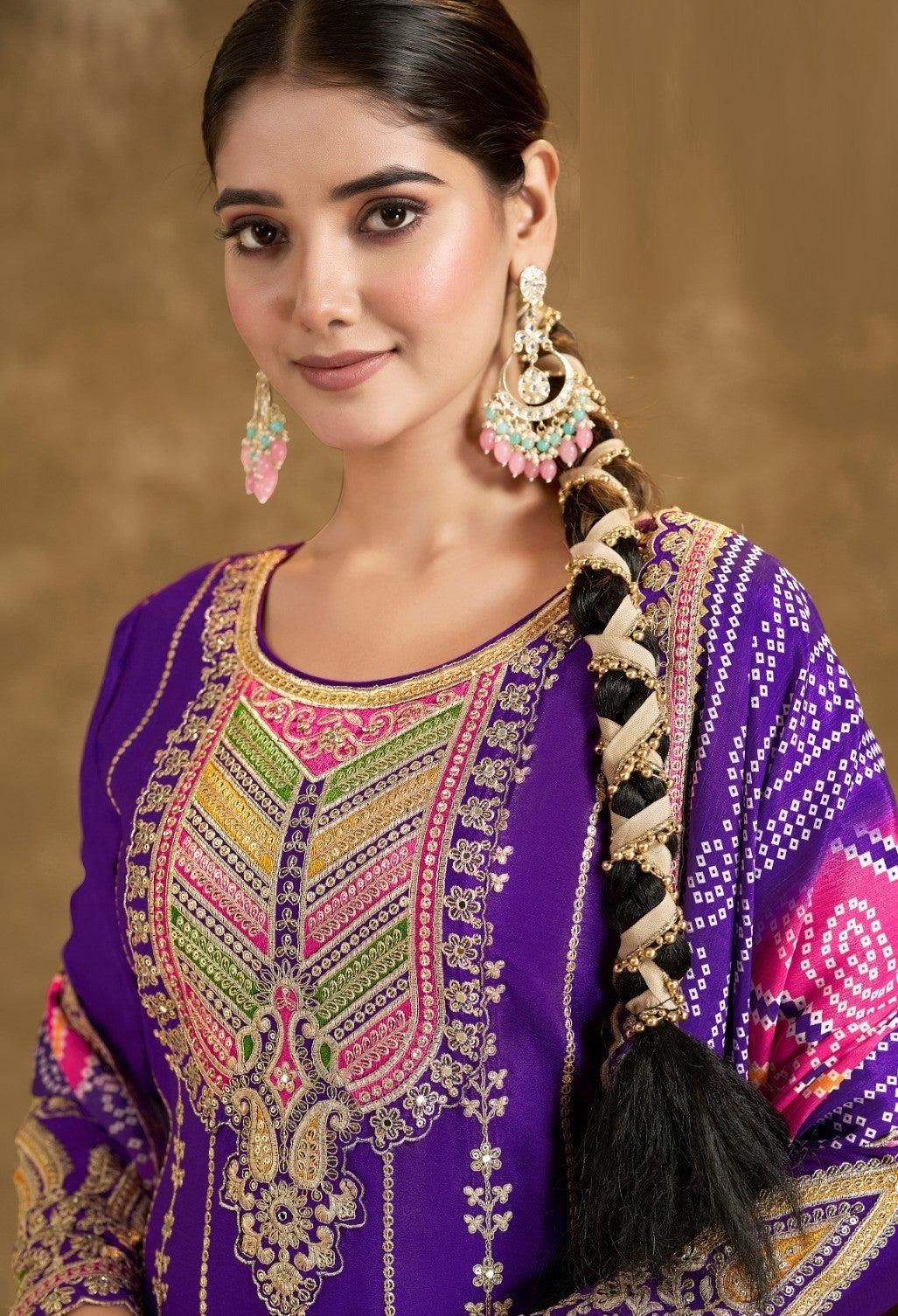 Trendy Purple Premium Fiber Chinnon Suit With Afghani Pant