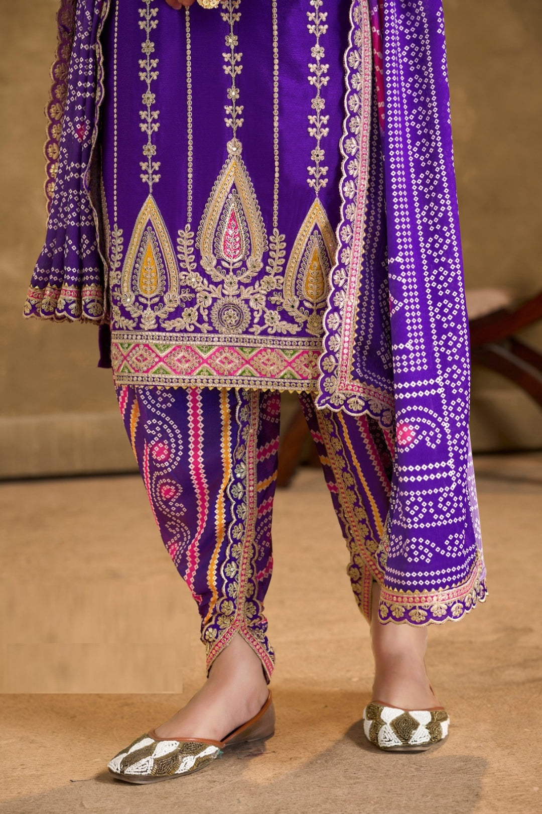 Trendy Purple Premium Fiber Chinnon Suit With Afghani Pant