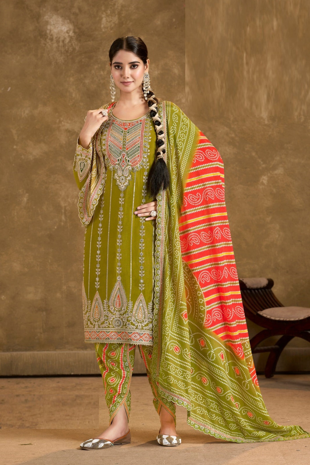 Alluring Green Premium Fiber Chinon Suit With Afghani Pant