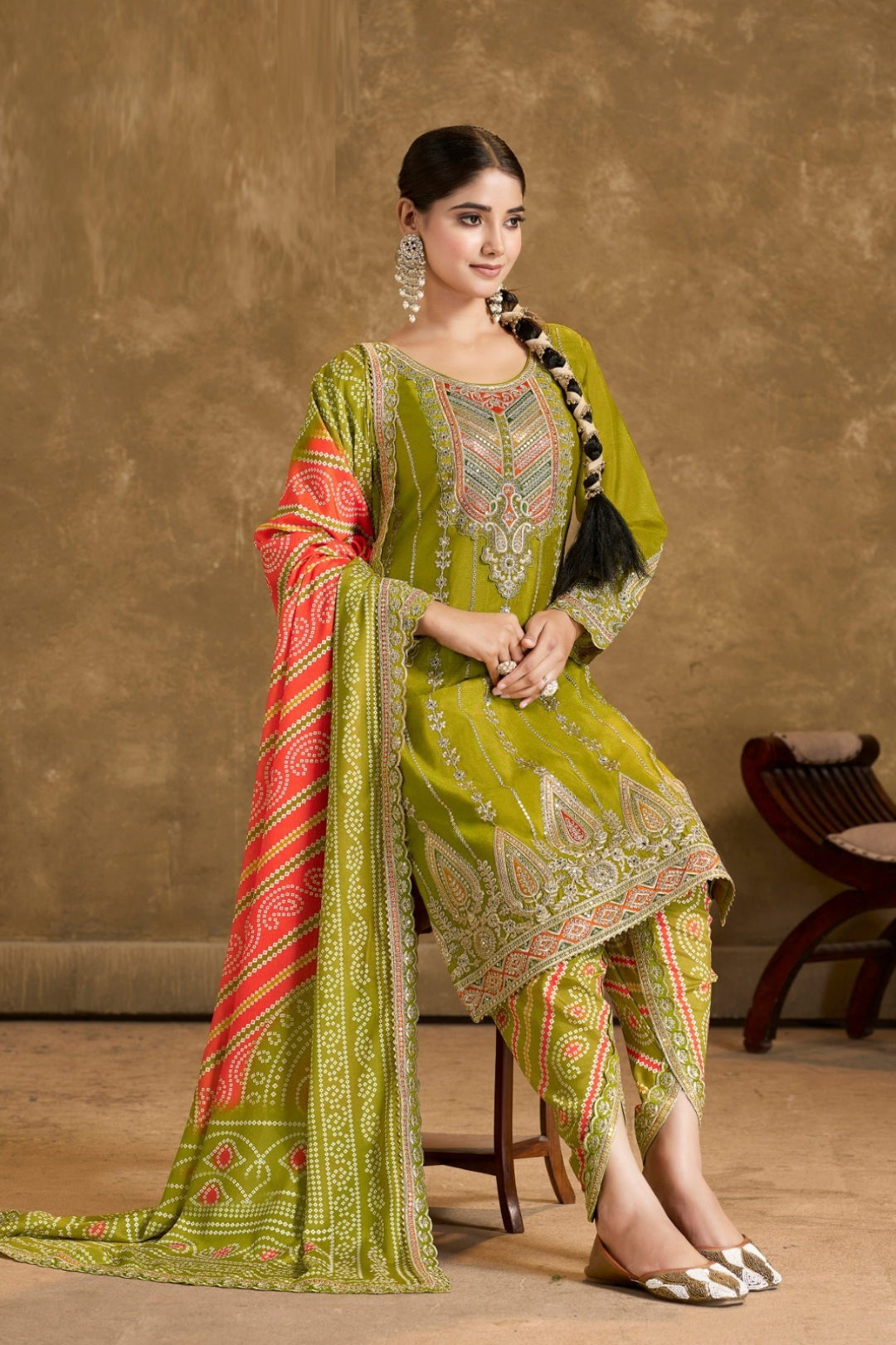 Alluring Green Premium Fiber Chinon Suit With Afghani Pant