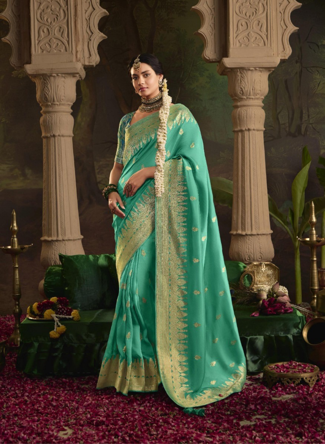 Understated Rama Green Crepe Dola Silk Saree