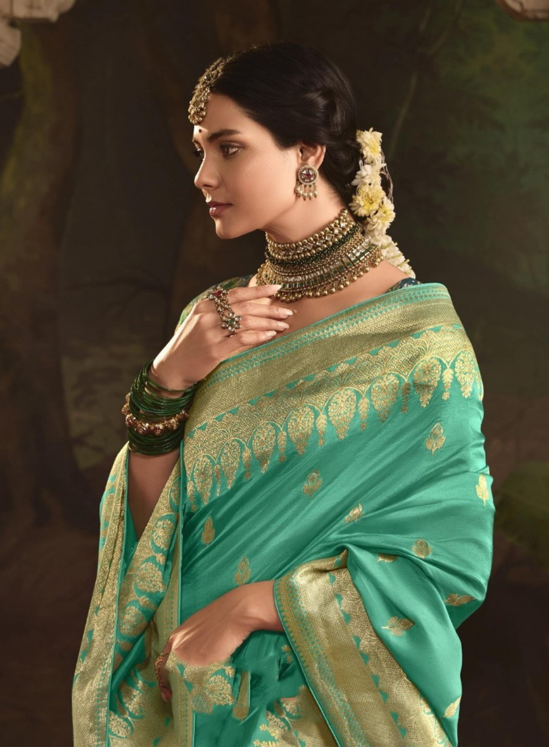 Understated Rama Green Crepe Dola Silk Saree