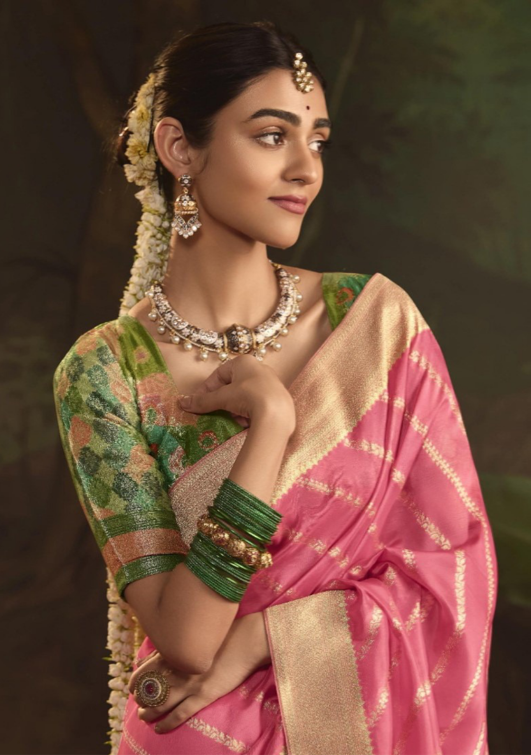 Radiant Pink Crepe Dola Silk Saree