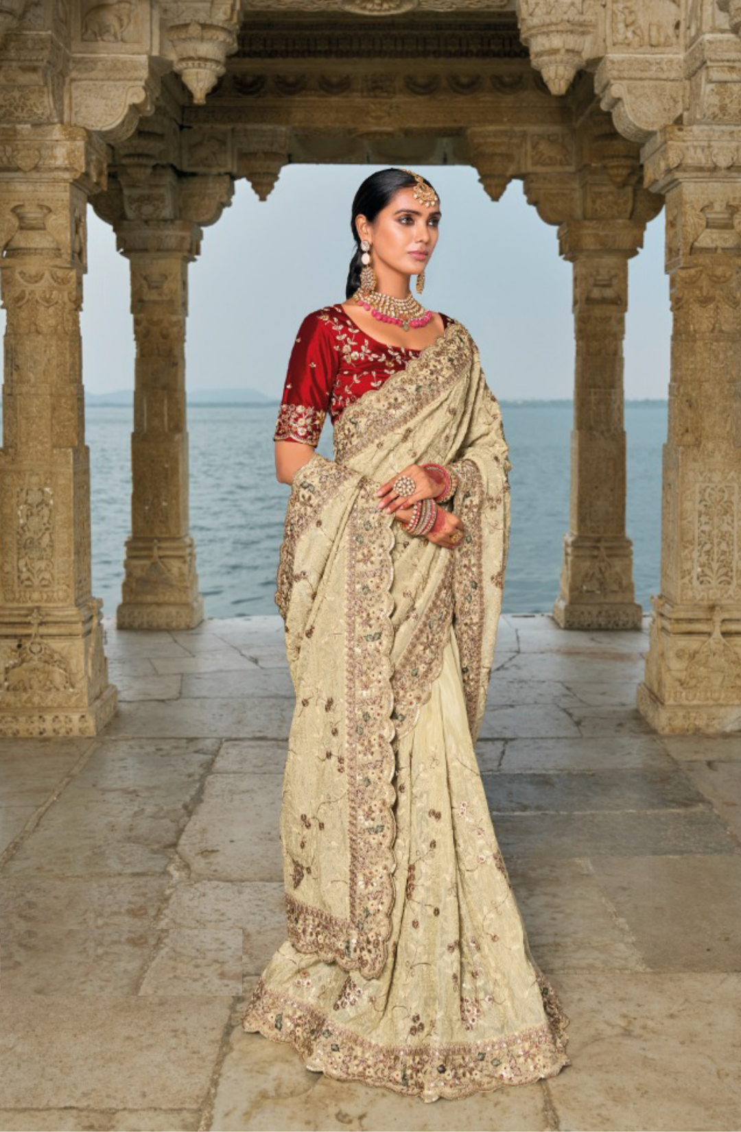 Comfy Beige And Maroon Pure Banarasi Jari Saree With Lukhnovi & Jarkhan Heavy Work Boutique Style Saree