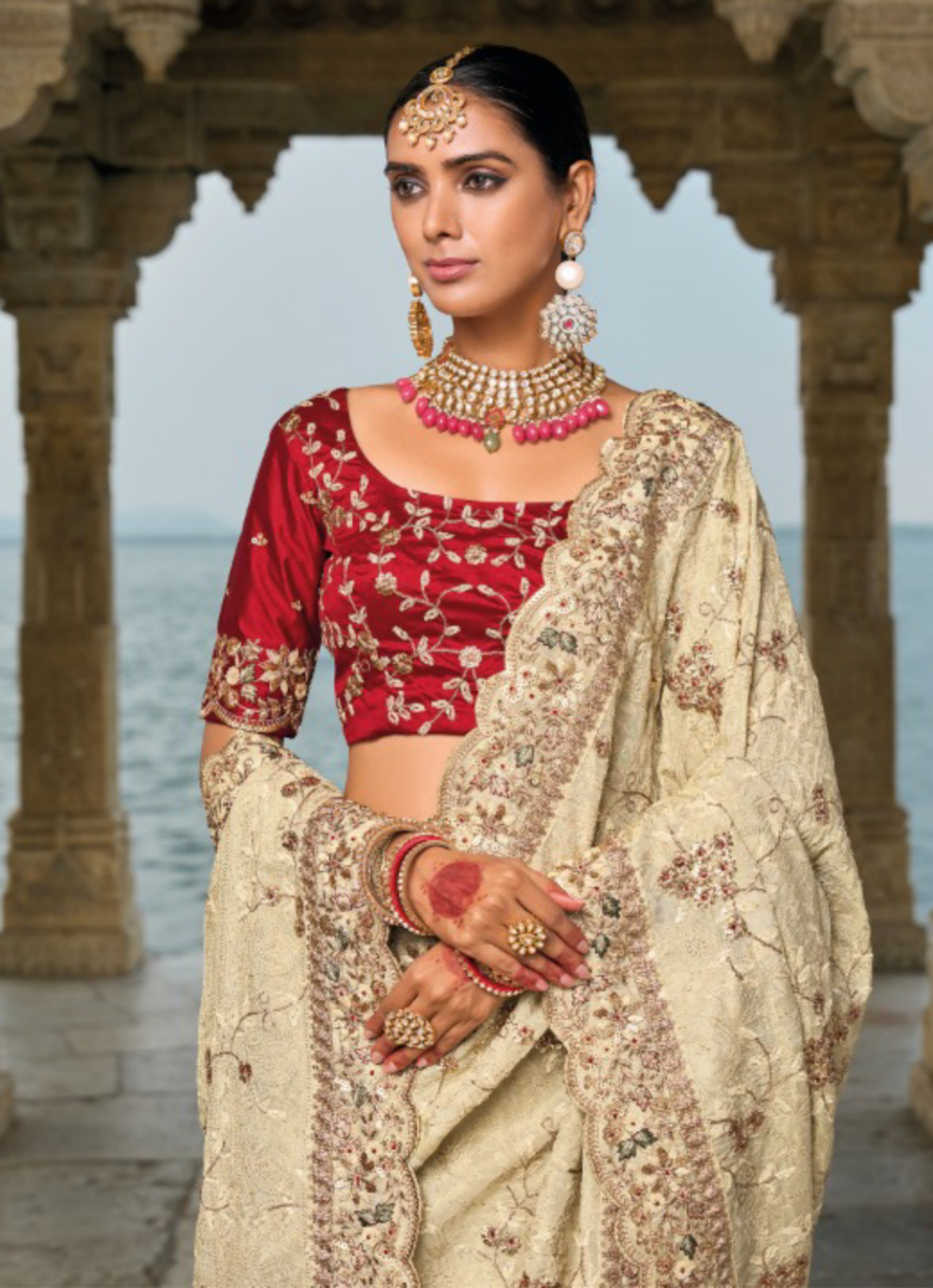 Comfy Beige And Maroon Pure Banarasi Jari Saree With Lukhnovi & Jarkhan Heavy Work Boutique Style Saree