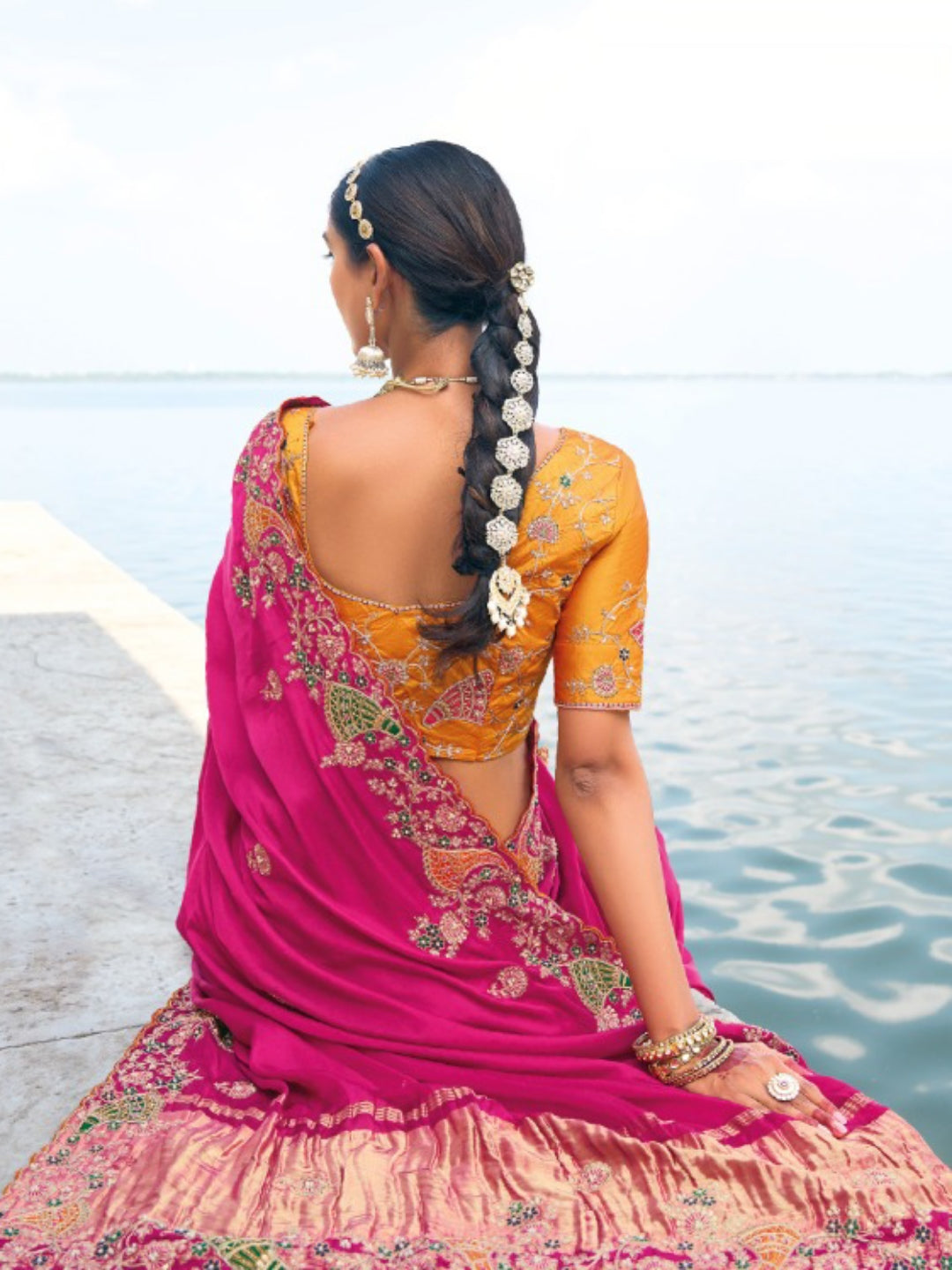 Magnificent Pink And Orange Pure Gaji Satin Saree With Jari, Thread, Cut-Dana, Moti & Jarkhan Heavy Work Boutique Style Saree