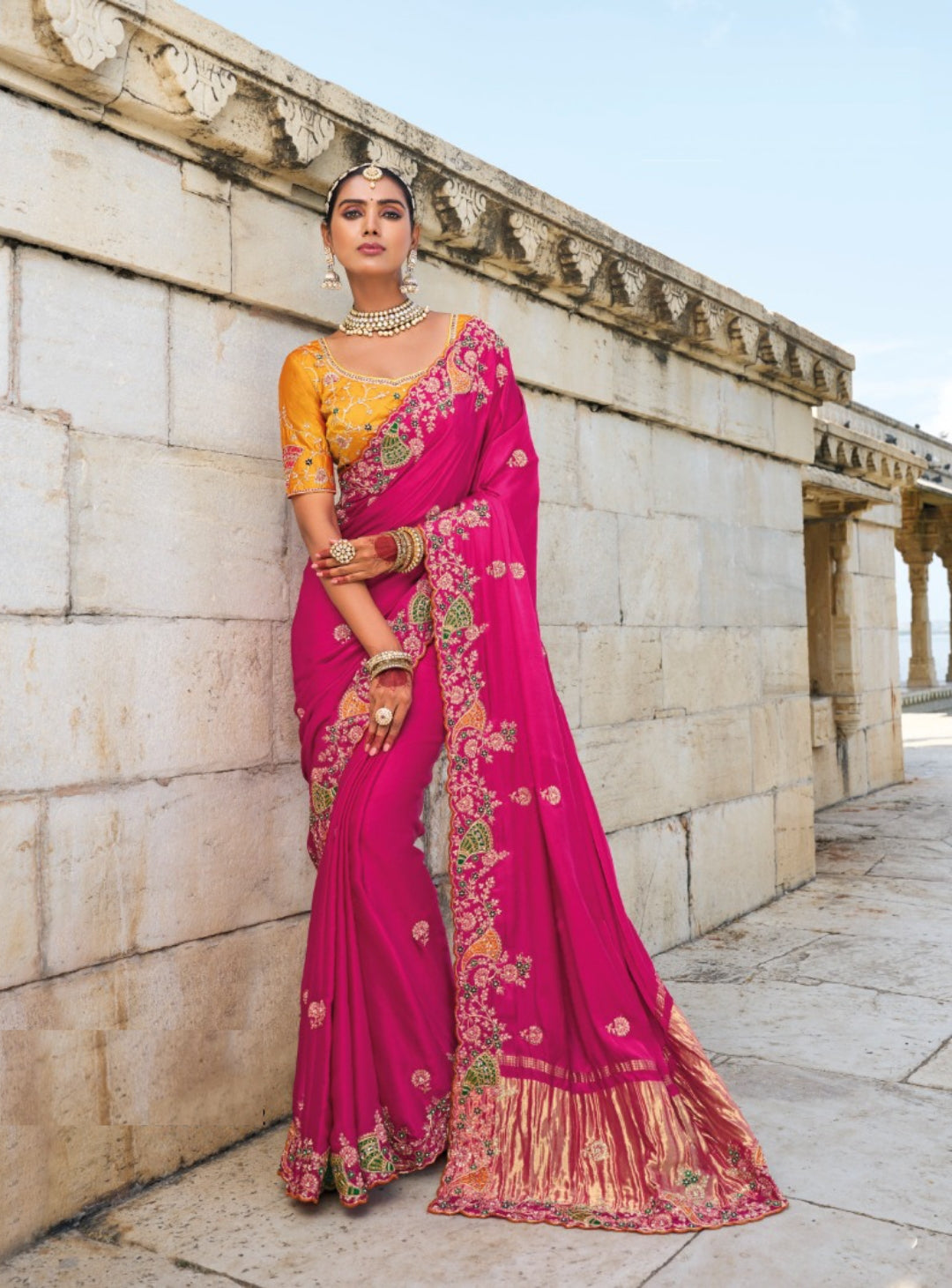 Magnificent Pink And Orange Pure Gaji Satin Saree With Jari, Thread, Cut-Dana, Moti & Jarkhan Heavy Work Boutique Style Saree