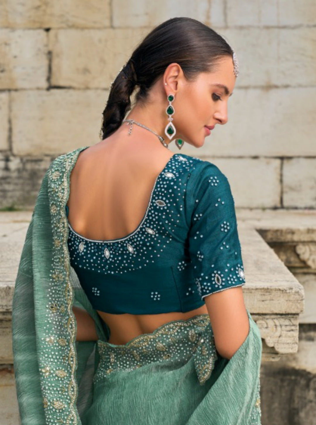 Chic Teal Pure Crush Tissue Saree With Jarkhaan, Cut-Dana & Moti Heavy Work Boutique Style Saree