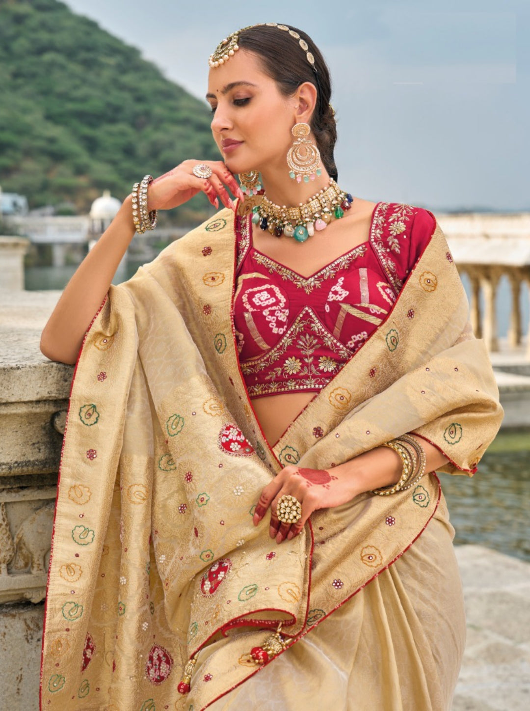 Elegant Peach And Maroon Pure Kanjivaram Pure Saree With Jardoshi, Cut-Dana & Moti Heavy Work Boutique Style Saree