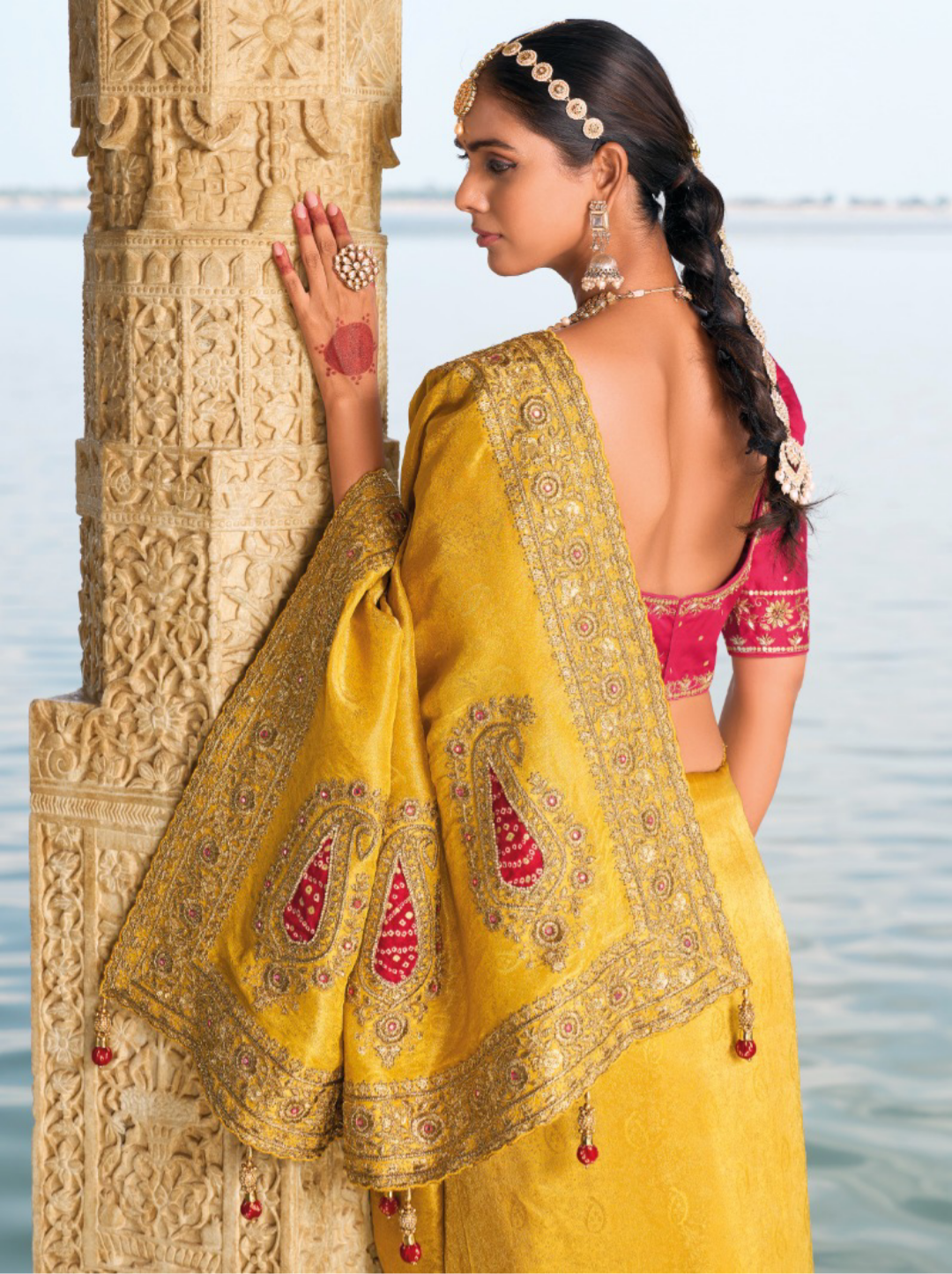 Timeless Mustard And Pink Pure Crape Jaquard Saree With Jari, Cut-Dana, Mirror & Jardoshi Heavy Work Boutique Style Saree