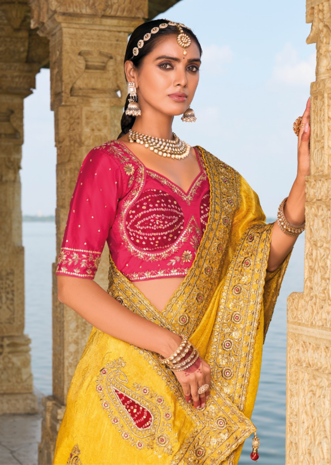 Timeless Mustard And Pink Pure Crape Jaquard Saree With Jari, Cut-Dana, Mirror & Jardoshi Heavy Work Boutique Style Saree