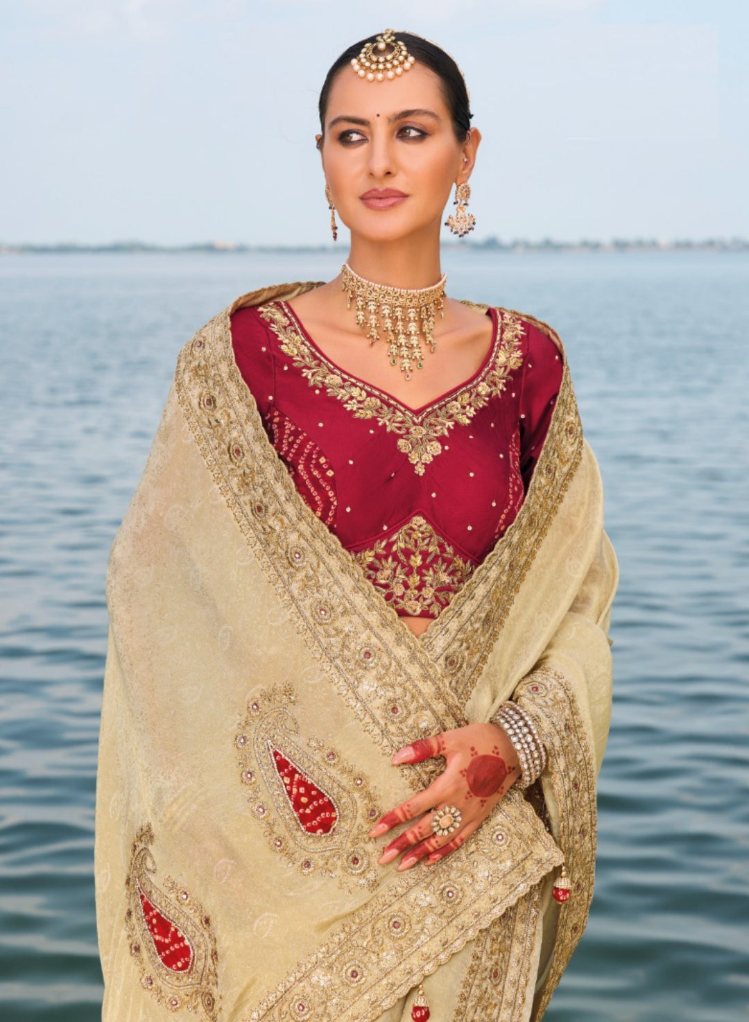 Luxurious Beige And Maroon Pure Crape Jaquard Saree With Jari, Cut-Dana, Mirror & Jardoshi Heavy Work Boutique Style Saree
