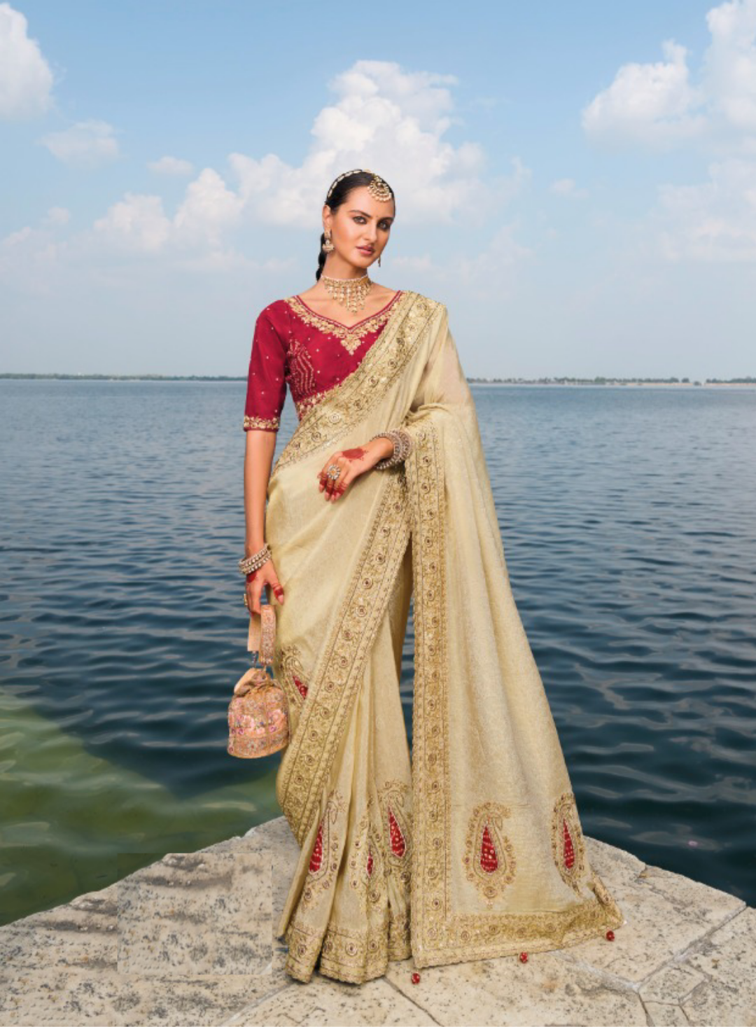 Luxurious Beige And Maroon Pure Crape Jaquard Saree With Jari, Cut-Dana, Mirror & Jardoshi Heavy Work Boutique Style Saree