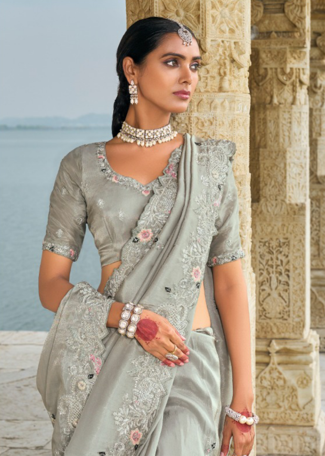 Refined Grey Pure Banarasi Jari Saree With Thread, Cut-Dana, Moti & Jarkhan Heavy Work Boutique Style Saree