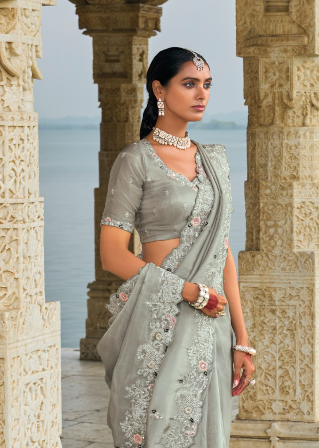 Refined Grey Pure Banarasi Jari Saree With Thread, Cut-Dana, Moti & Jarkhan Heavy Work Boutique Style Saree