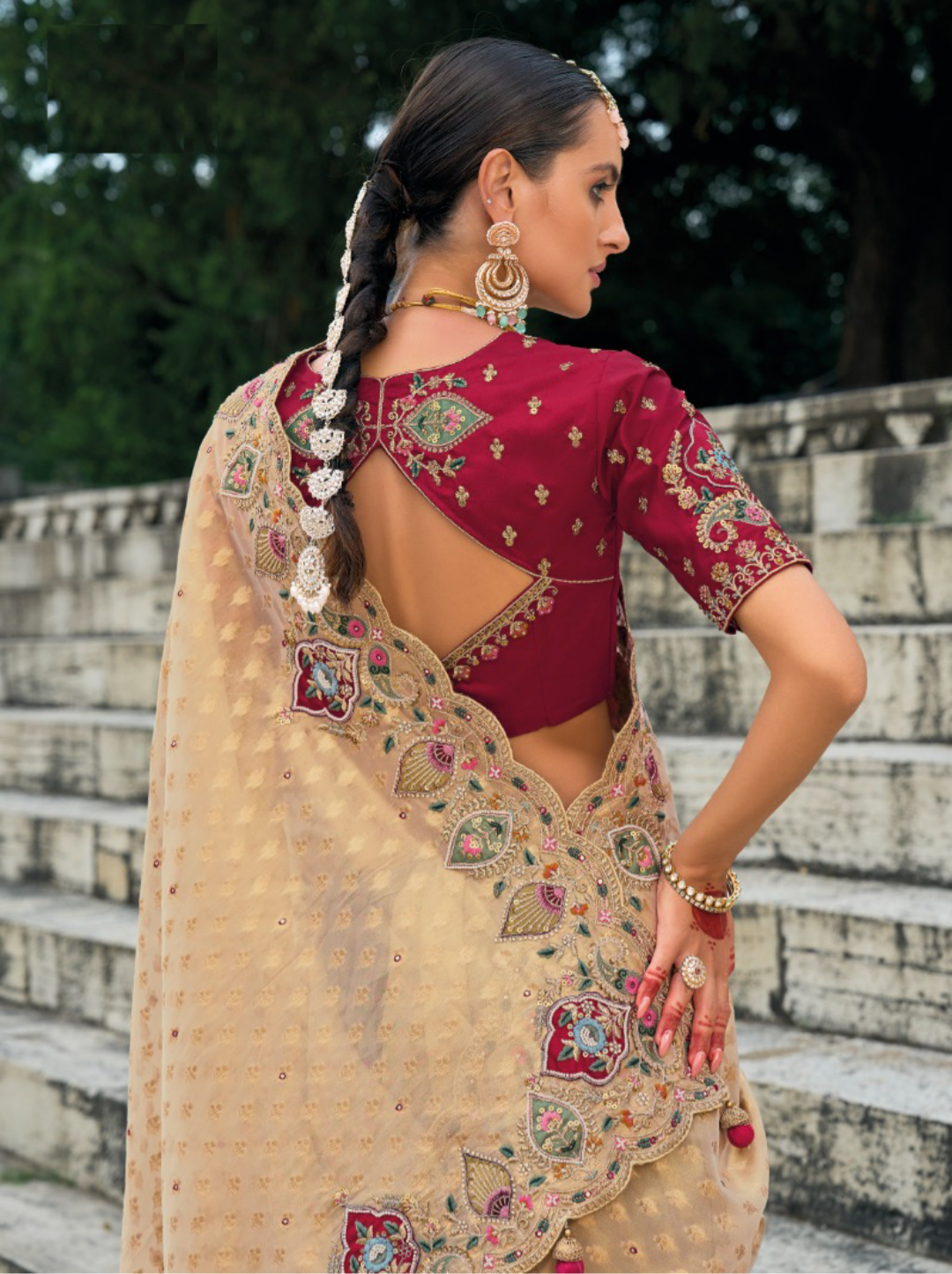 Tailored Golden And Maroon Kanjivaram Butti Saree With Jari, Thread, Moti, Mirror & Jarkhan Heavy Work Boutique Style Saree